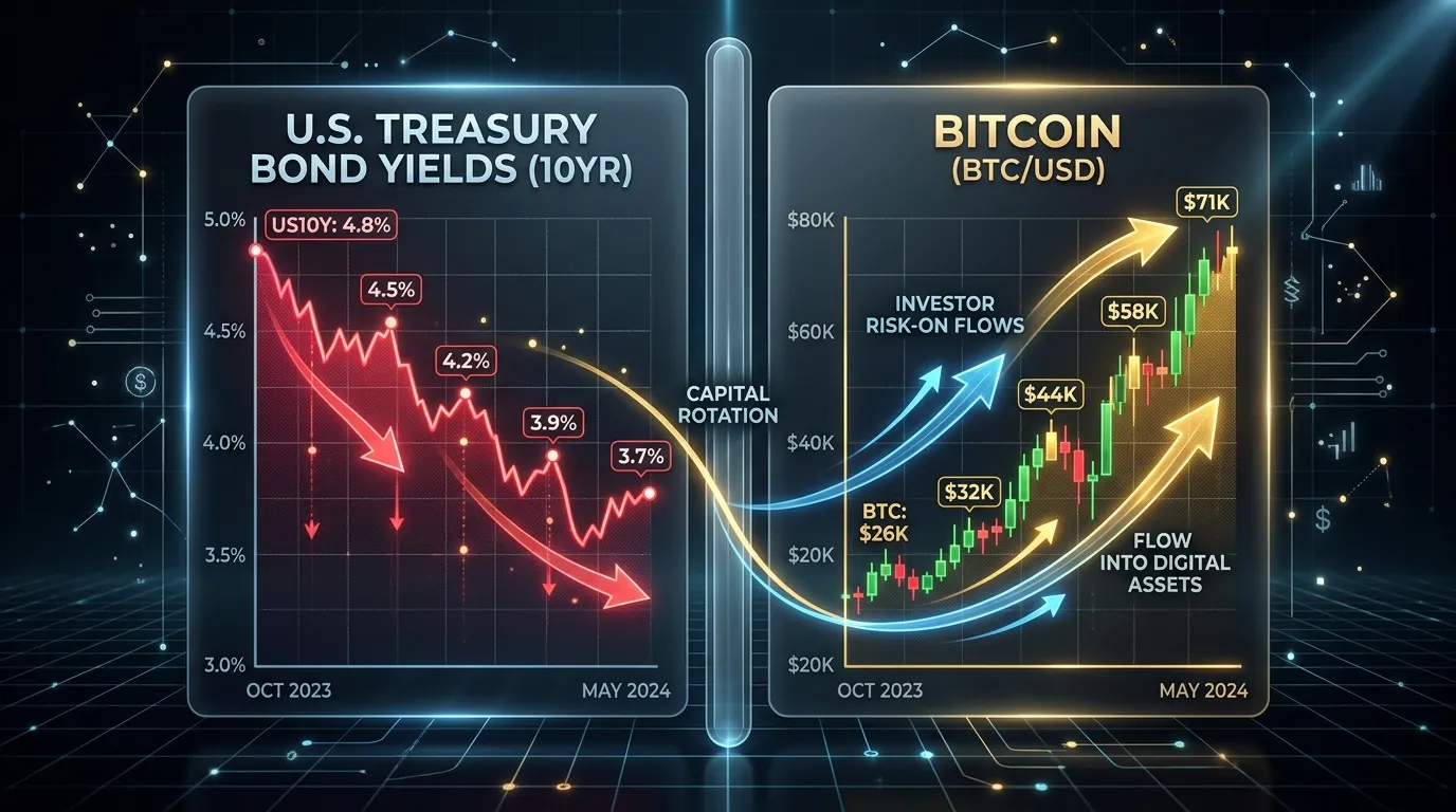 Macroeconomic diagram showing falling bond yield charts on the left and capital flows leading to a rising Bitcoin chart on the right