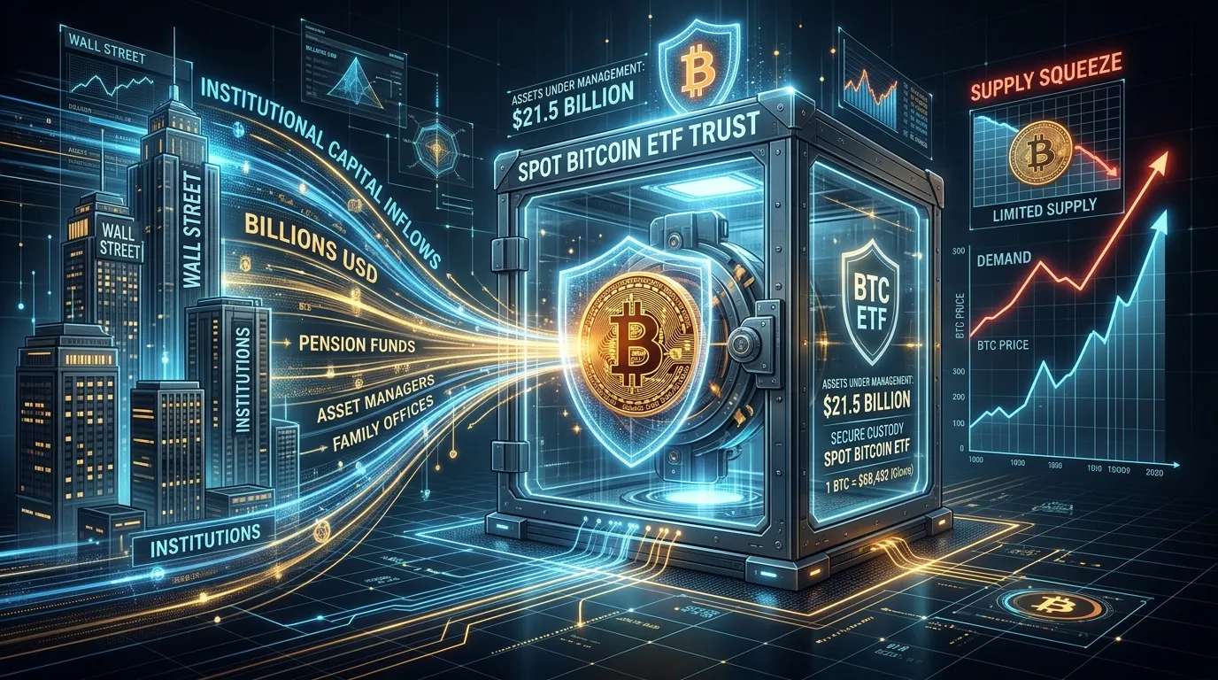 Illustration representing money flowing into a fund that then purchases Bitcoin