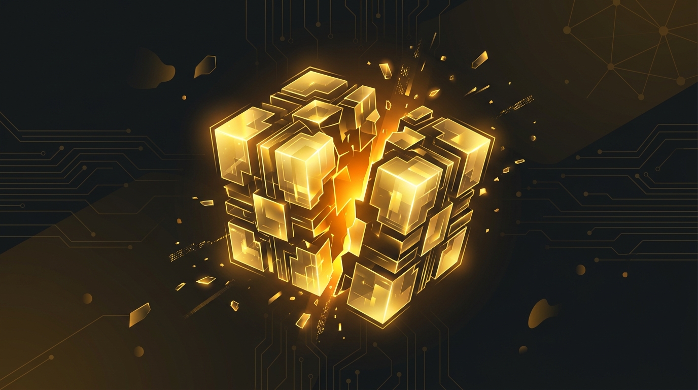 Abstract golden glowing geometric block structure physically dividing in half, representing the bitcoin halving