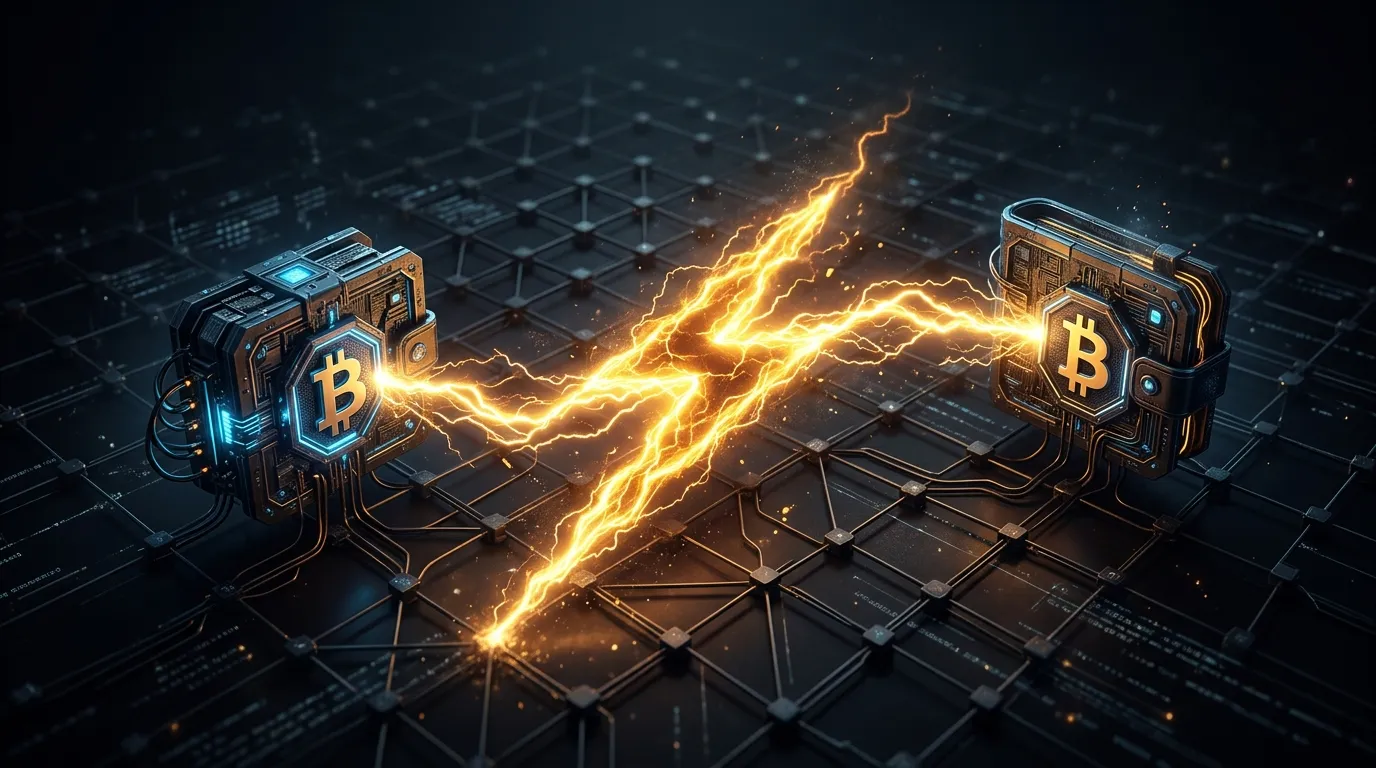Glowing lightning bolt channels connecting two Bitcoin wallets across a dark network grid