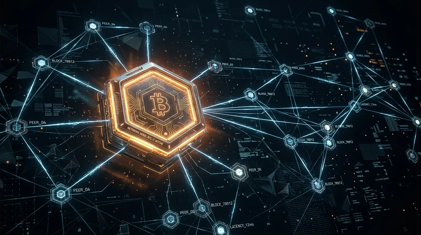 Glowing Bitcoin network node connected to multiple peer nodes via luminous network lines