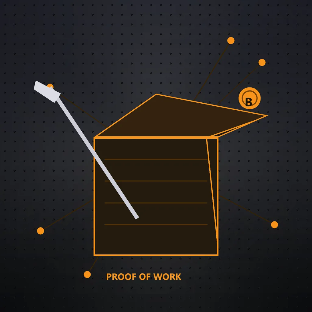 Abstract illustration of Bitcoin mining with glowing coins and computational nodes