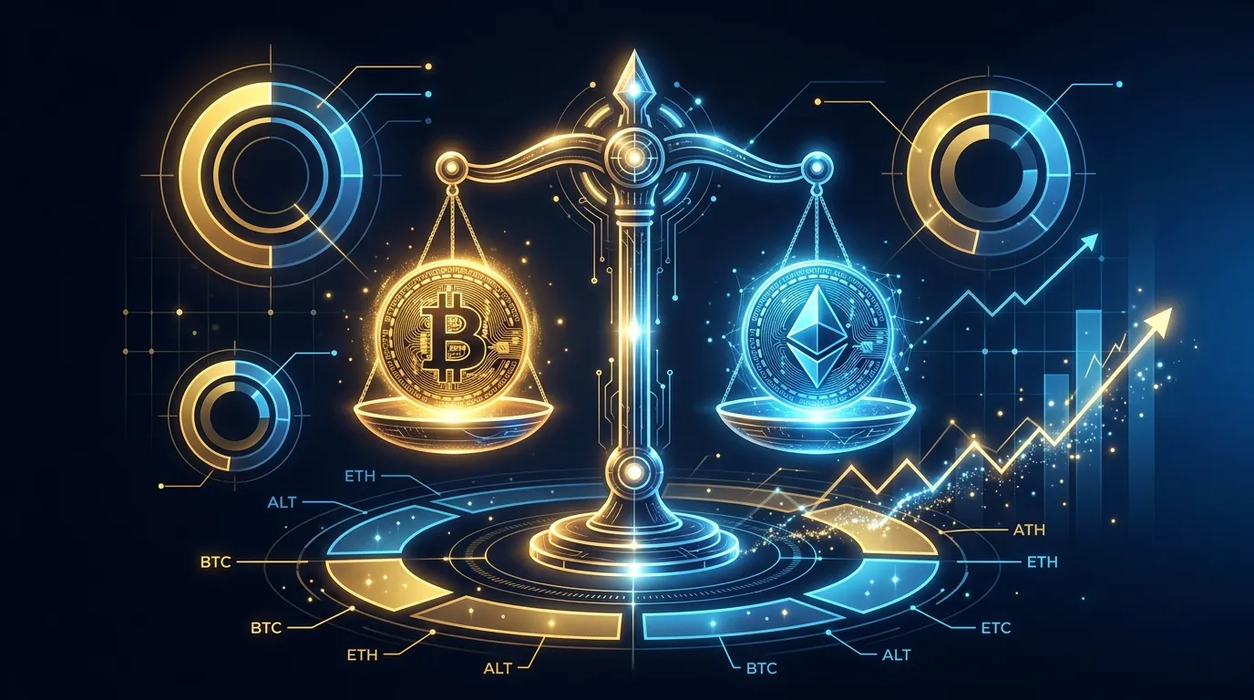 Abstract balance scale with glowing Bitcoin and Ethereum coins on each side, surrounded by portfolio pie-chart rings on a dark navy background