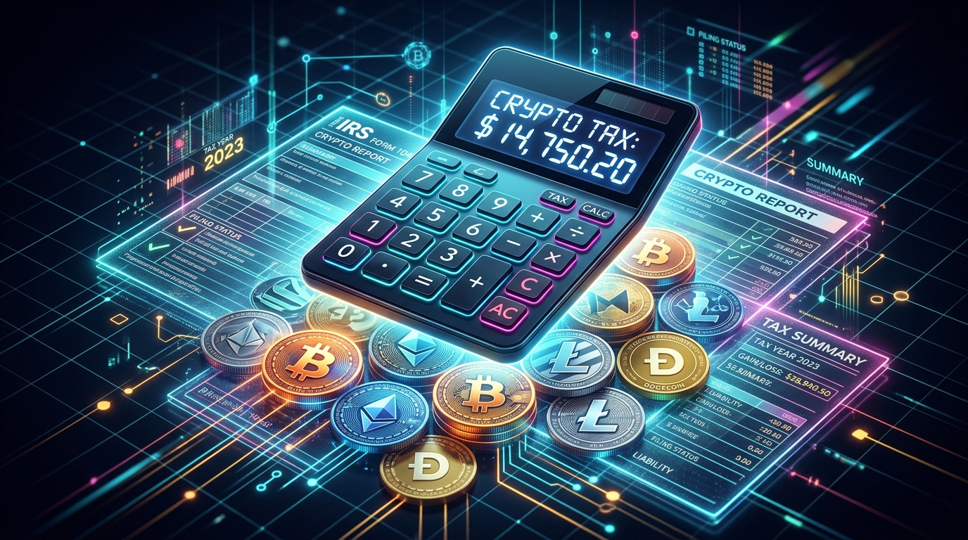 Sleek digital calculator hovering over glowing crypto coins