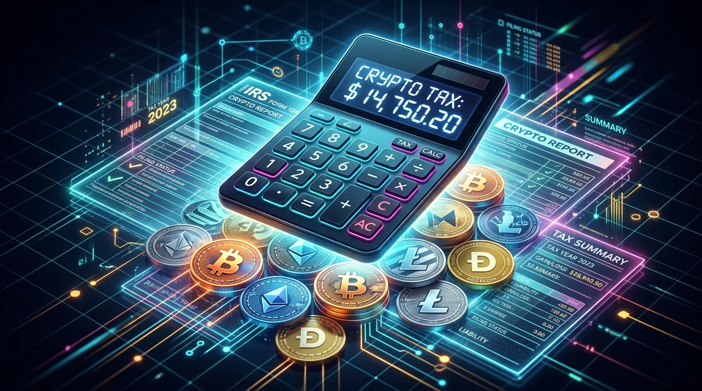 Sleek digital calculator hovering over glowing crypto coins