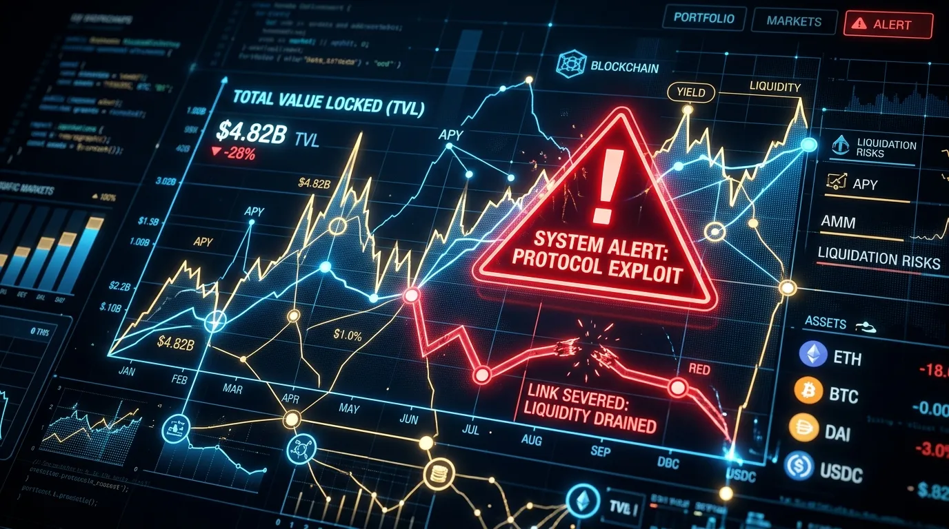 Glowing decentralized finance graph with a red warning sign