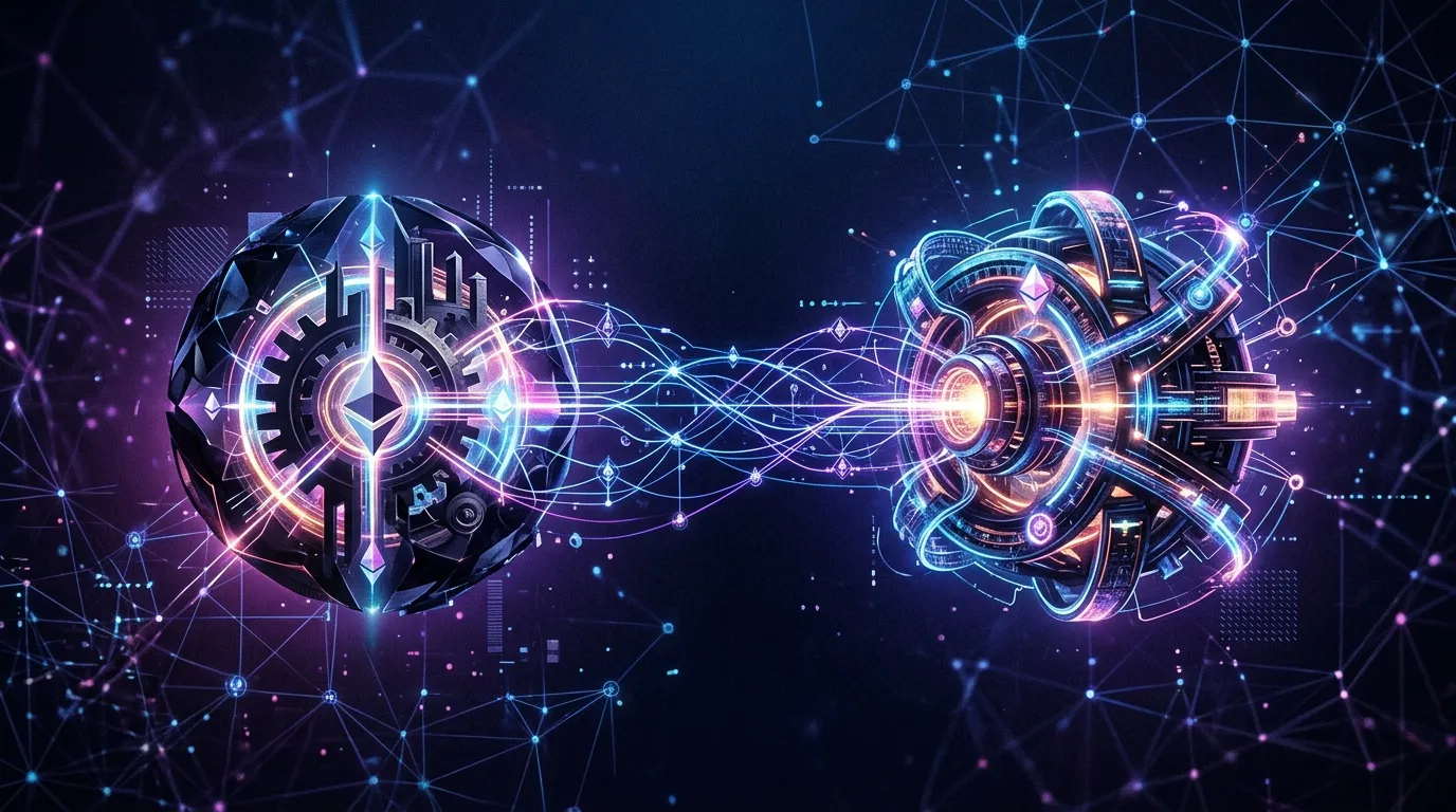 Two glowing liquid-staking protocol nodes connected by Ethereum blockchain lines on a deep blue and purple background