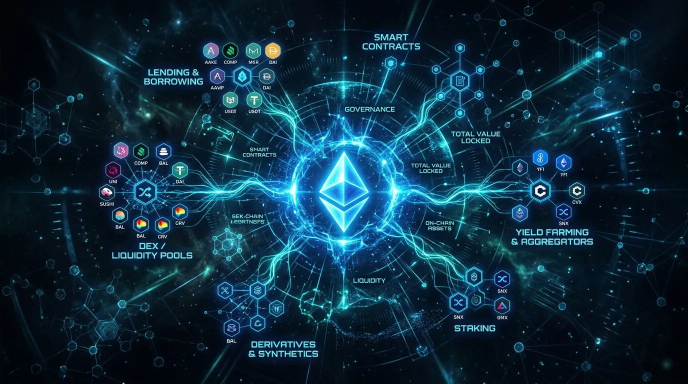 Glowing Ethereum logo at the center of an interconnected DeFi protocol ecosystem