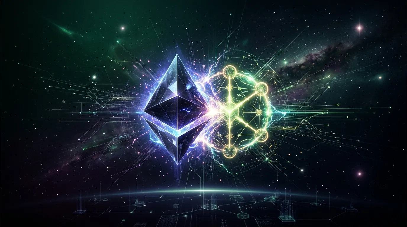 Ethereum diamond logo merging with a proof-of-stake network symbol against a dark space background