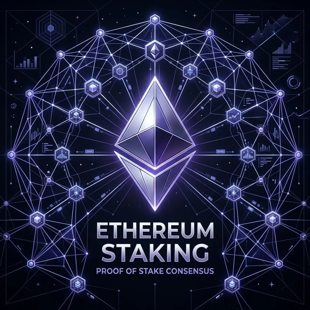 3D Ethereum emblem surrounded by proof-of-stake validator node mesh