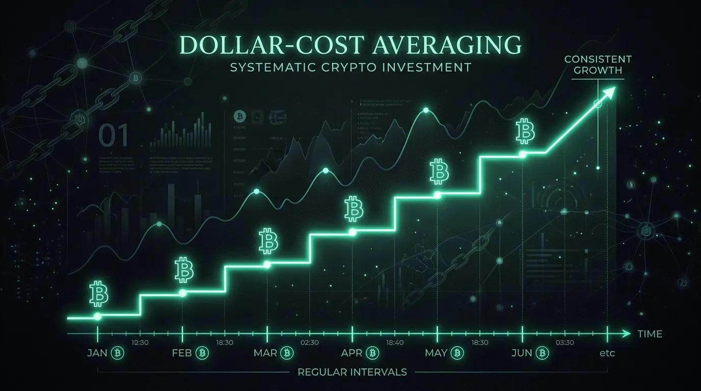 Glowing teal financial chart showing steady upward steps representing dollar-cost averaging in crypto