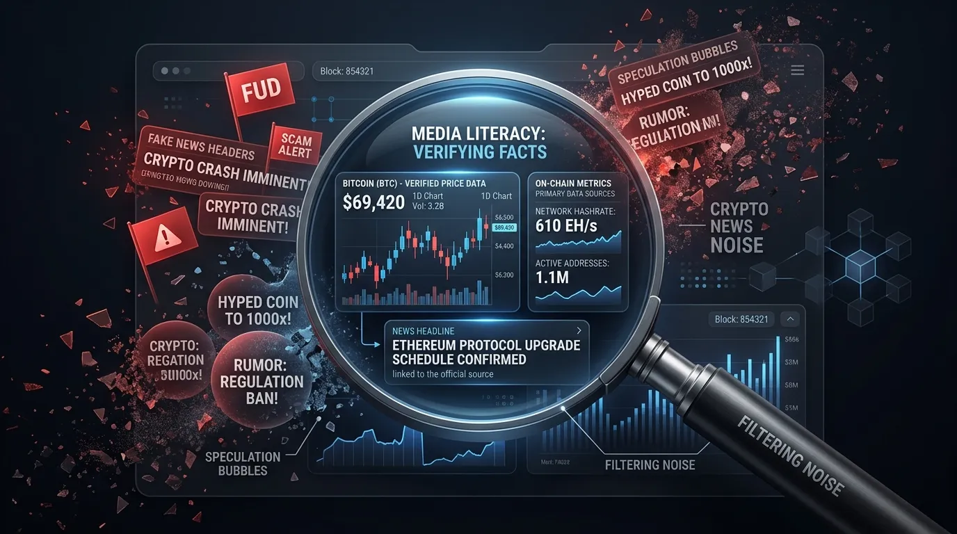 Illustration showing a magnifying glass examining verified charts while hype tags dissolve