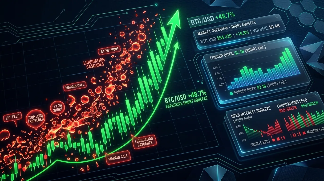 Illustration showing a green breakout candle and liquidation events representing a crypto short squeeze