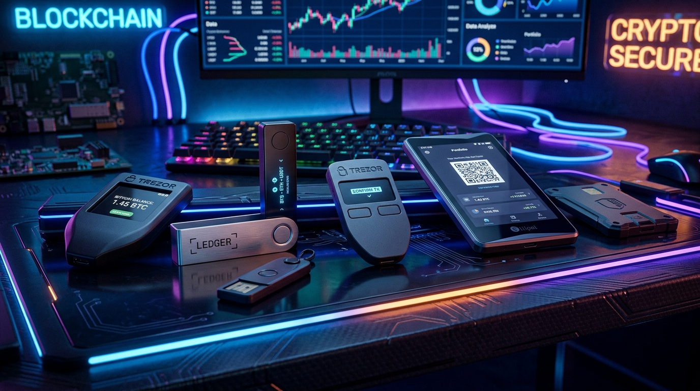 Various physical crypto hardware wallets on a sleek dark surface