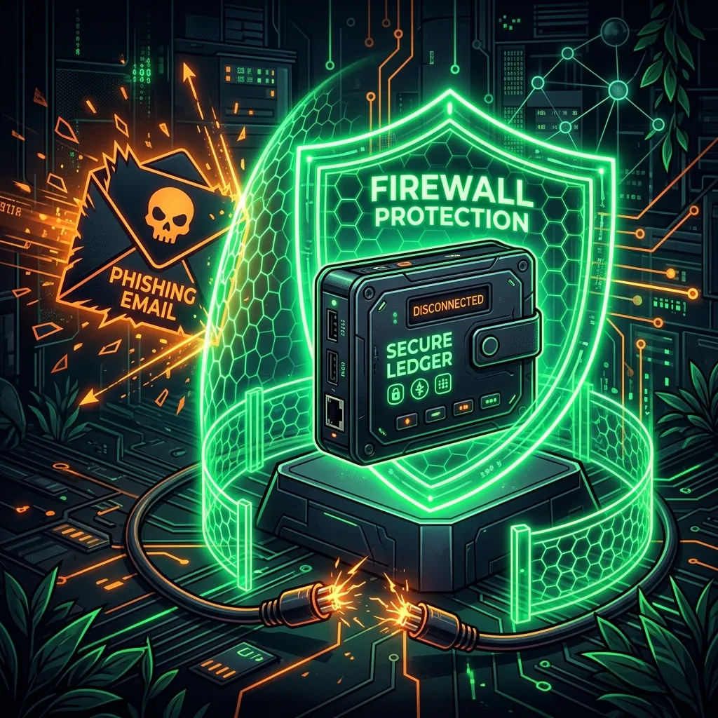 A digital illustration showing a secure hardware crypto wallet disconnected and protected by a firewall from a malicious phishing email symbol