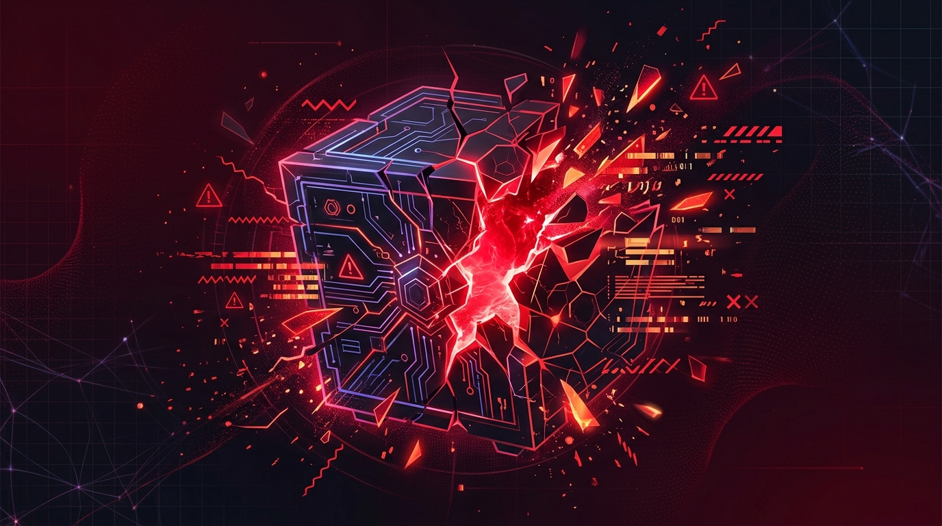 Abstract digital illustration representing a broken or glitched hardware wallet with red warning elements