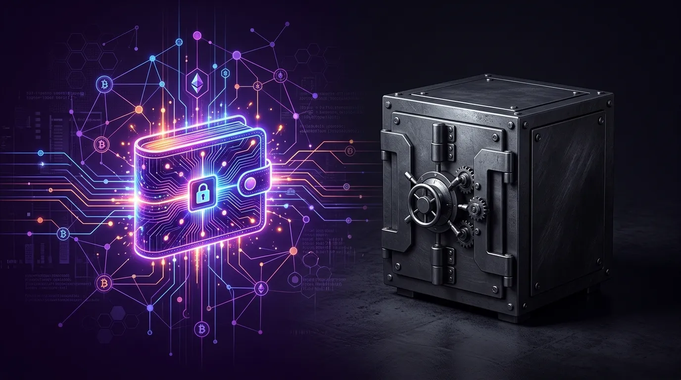 Abstract digital illustration representing a glowing digital wallet next to a disconnected metallic vault