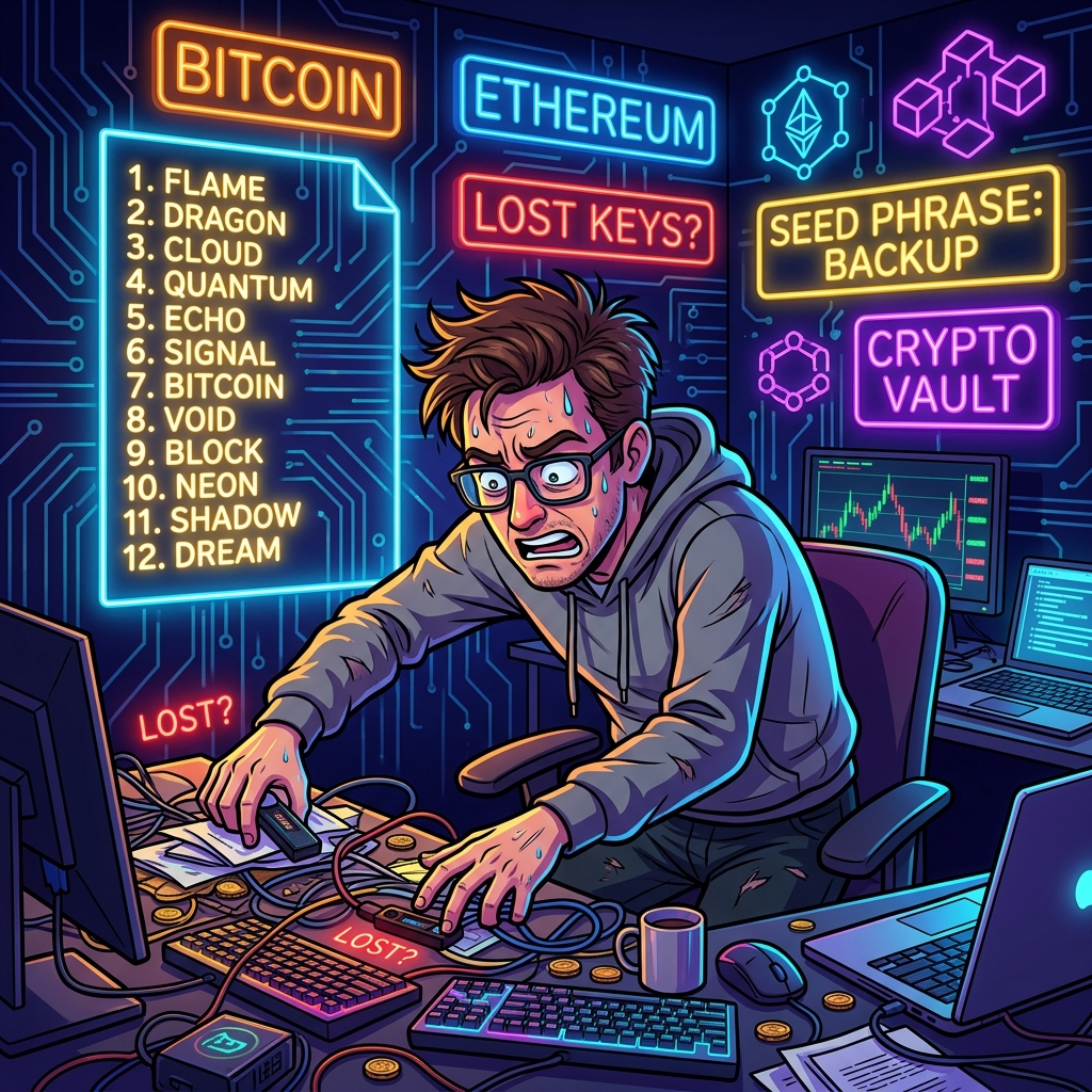 Illustration of a stressed person searching for a lost hardware wallet