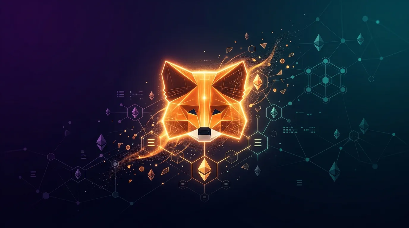 Glowing MetaMask fox logo surrounded by Ethereum blockchain network nodes on a dark purple-teal background