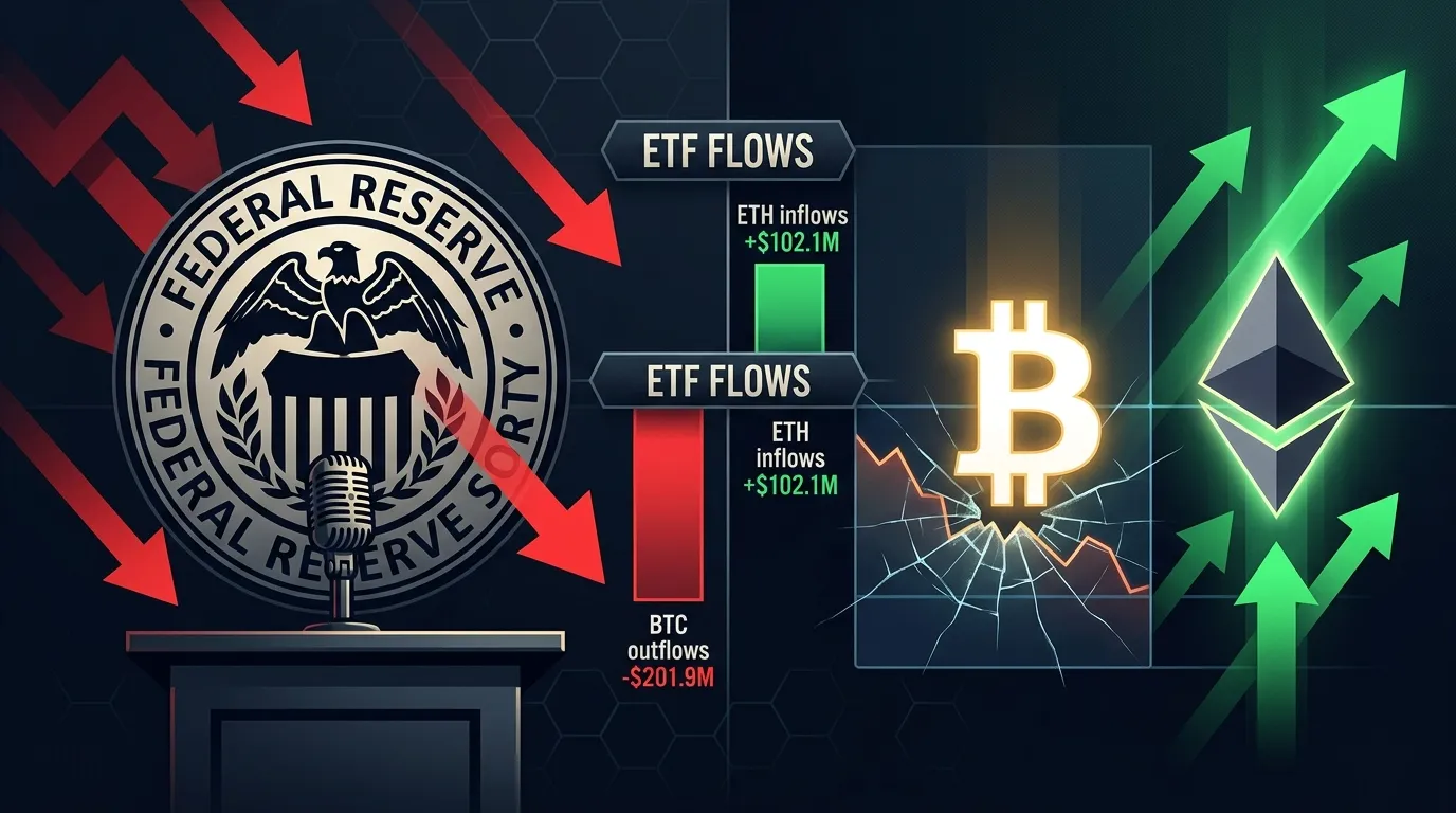 Illustration showing the Federal Reserve seal with downward red arrows on the left, a Bitcoin chart with a dip in the centre, and Ethereum with upward green arrows on the right, representing ETF flow divergence on August 30 2026