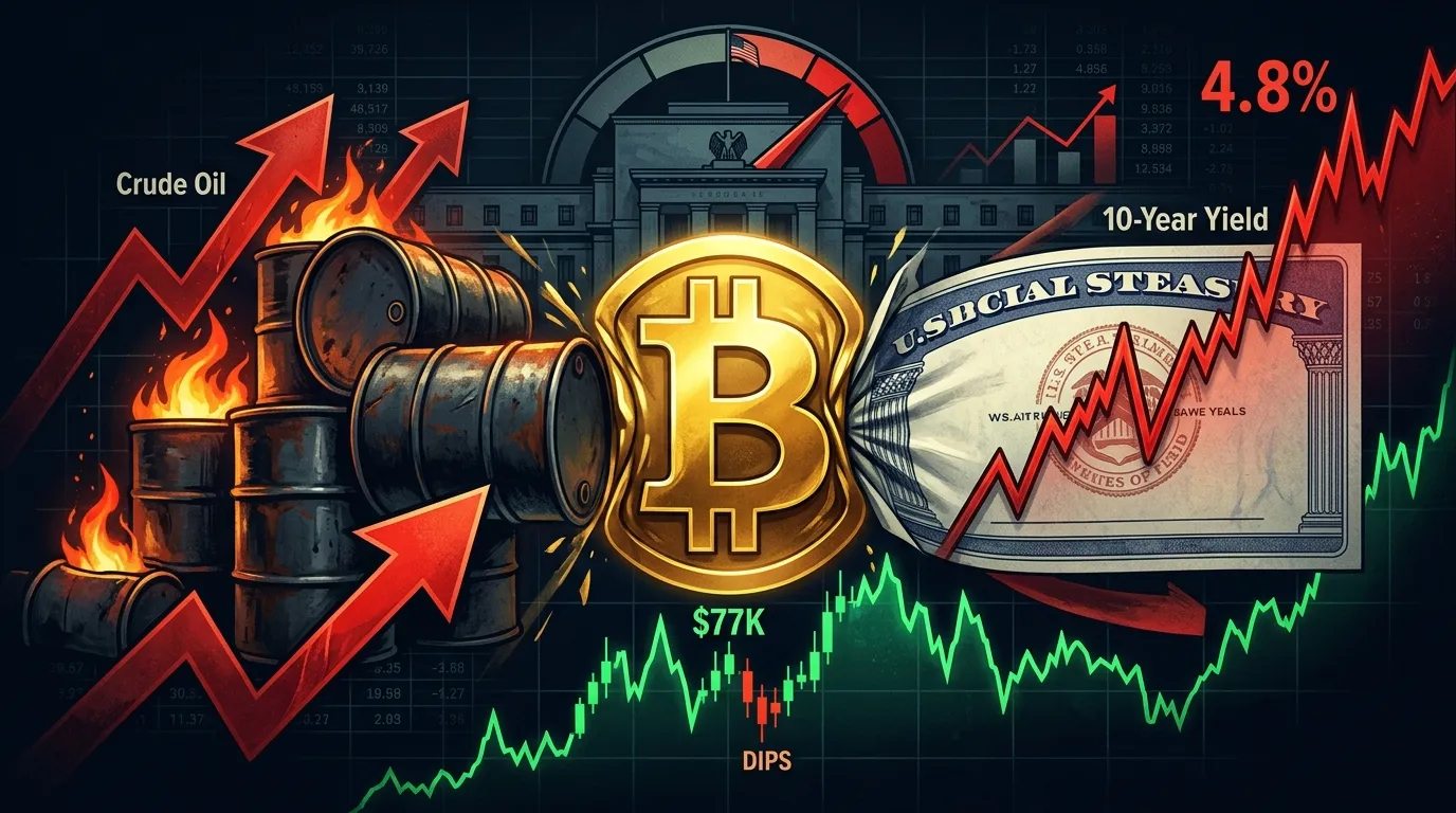 Illustration showing Bitcoin squeezed between rising oil prices on the left and climbing Treasury yields on the right, with the Federal Reserve building in the background and a Bitcoin price chart showing resilience around $77K