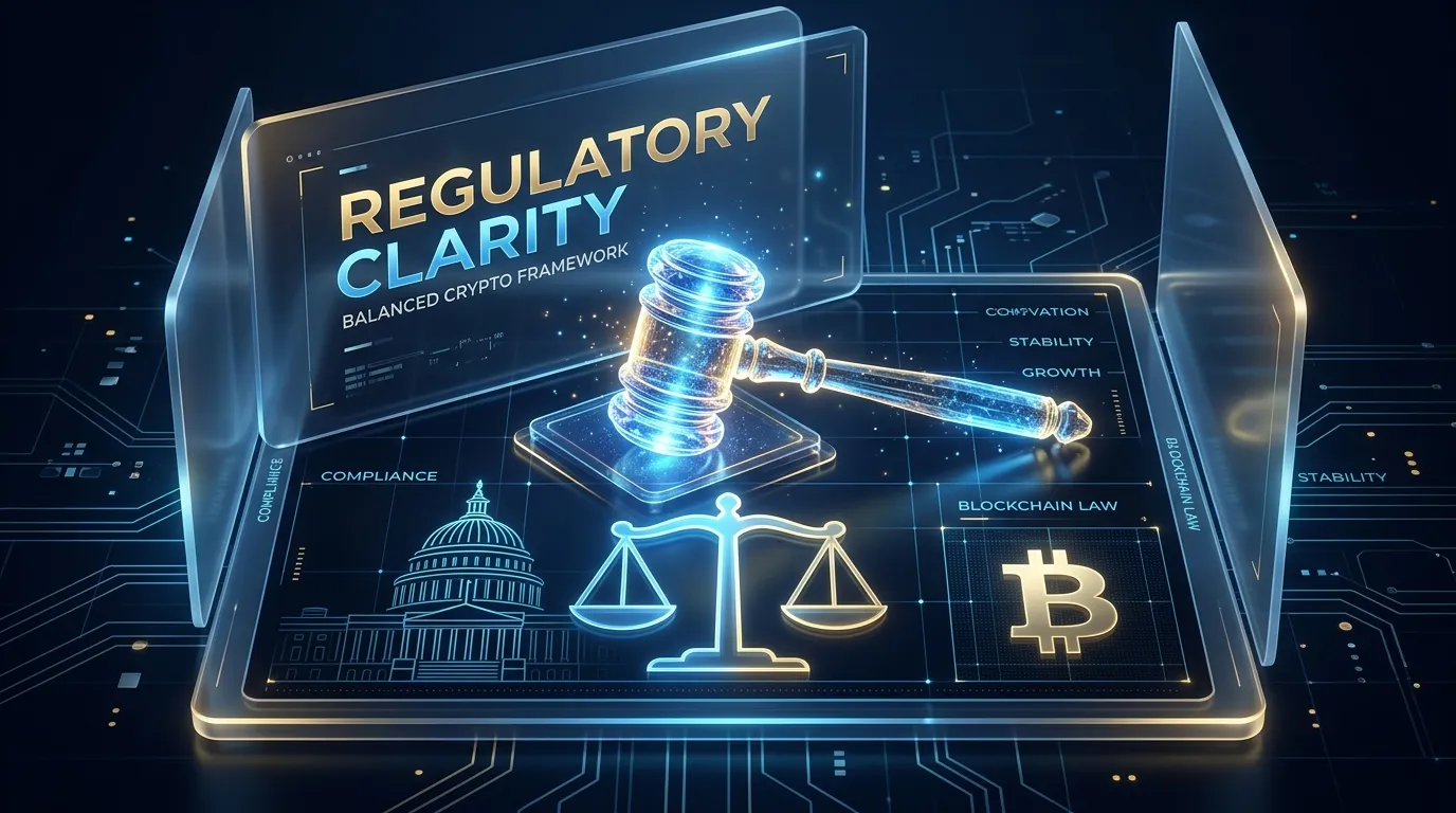 Illustration showing abstract Capitol lines, balanced scales, and a gavel representing cryptocurrency regulation
