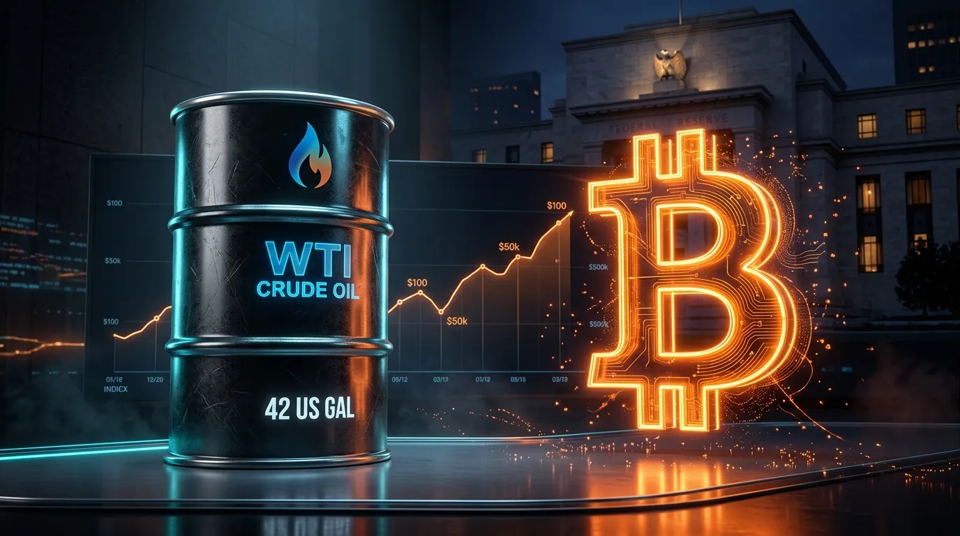 Conceptual 3D illustration showing a sleek, modern barrel of oil and a glowing orange Bitcoin symbol. A subtle glowing upward trend line chart and a hint of the U.S. Federal Reserve building in the background.