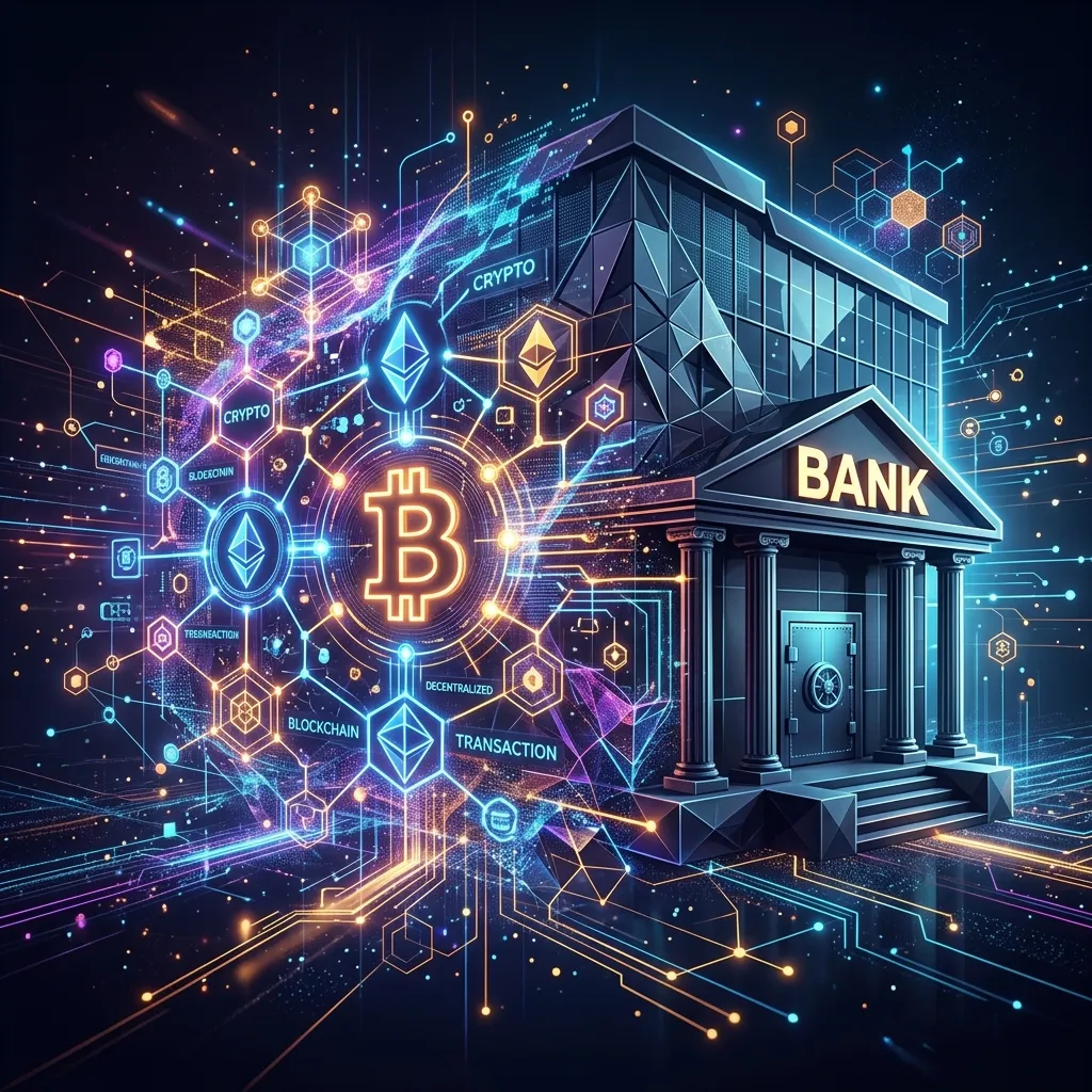 Abstract illustration of a modern bank building blending into a digital network, representing traditional finance adopting crypto