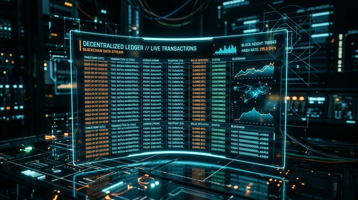 Glowing digital screen displaying blockchain transaction data