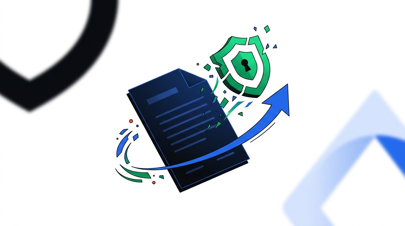 Illustration of a permission/key icon being revoked from a contract shape