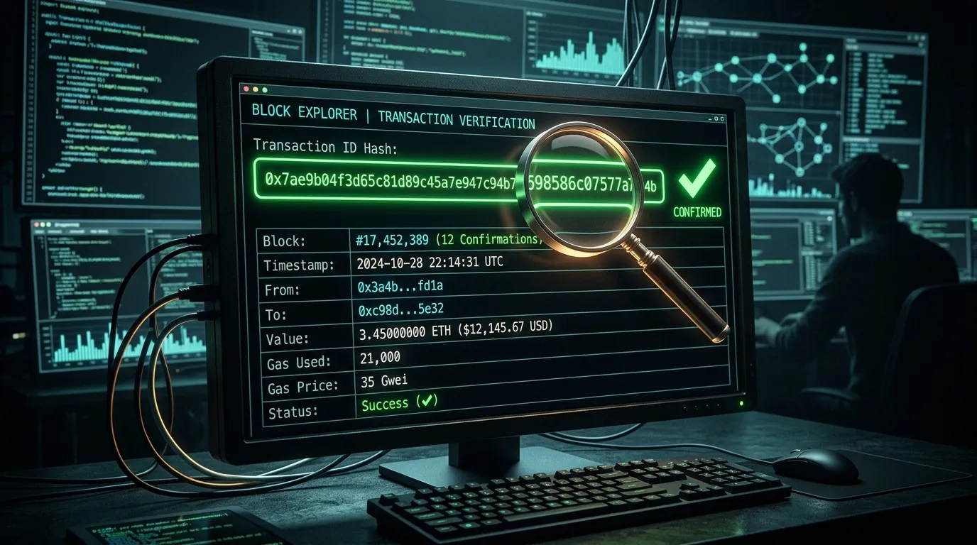Glowing transaction ID hash on a dark terminal screen with green verification checkmarks