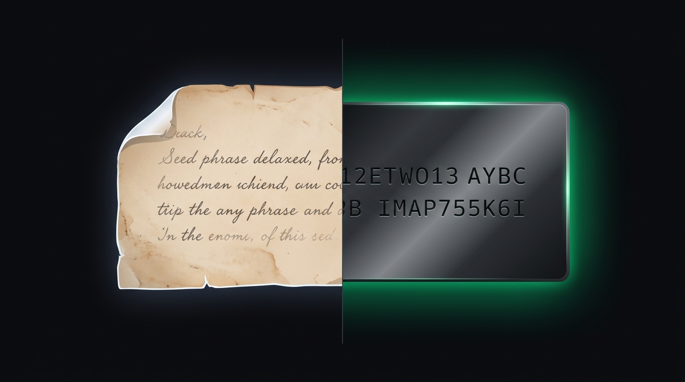 Illustration comparing paper and metal seed phrase backup mediums