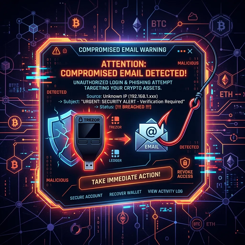 A digital illustration of a compromised email warning, with a hardware wallet symbol and a phishing hook, in a modern, dark mode, high-tech crypto aesthetic