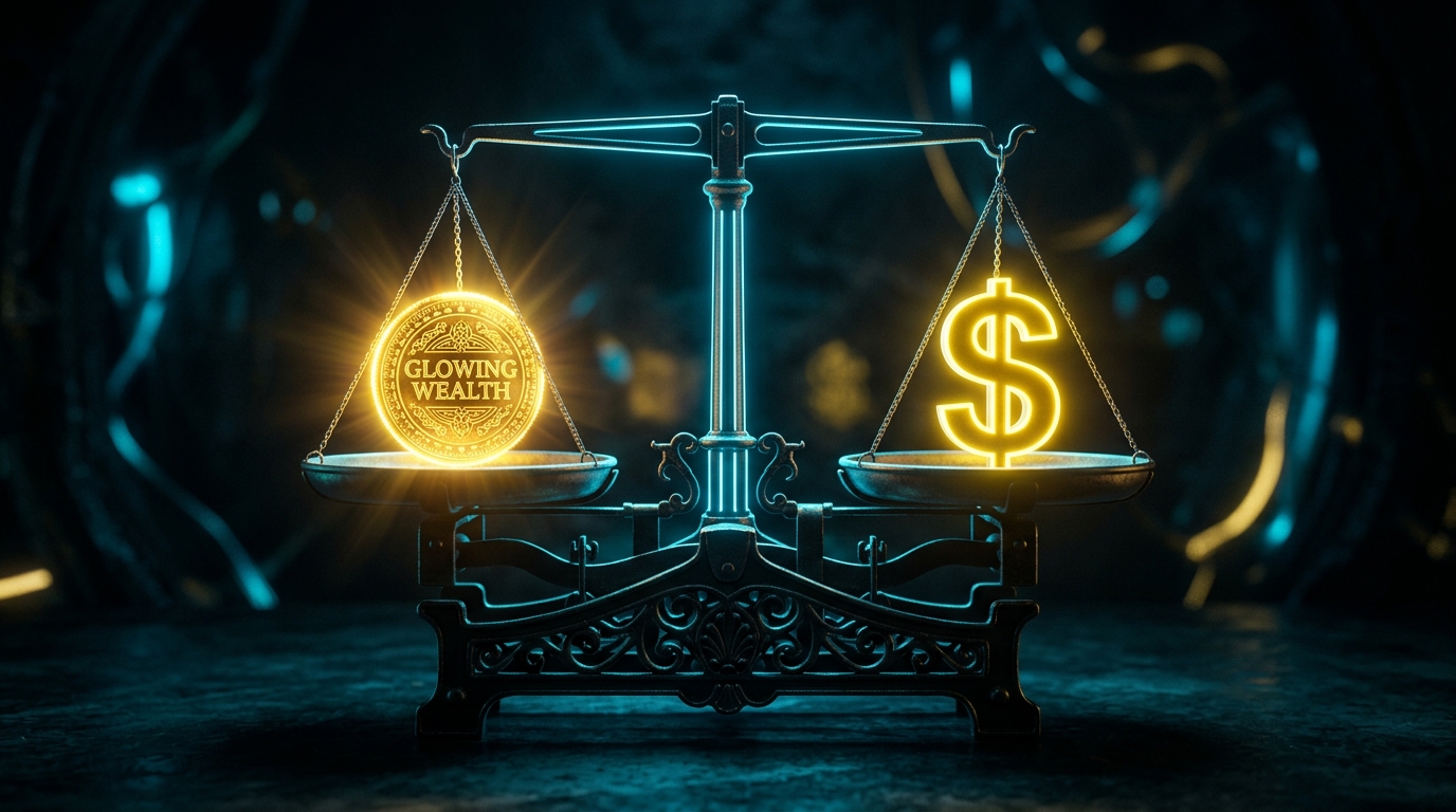Glowing gold coin perfectly balanced on a scale with a US dollar sign